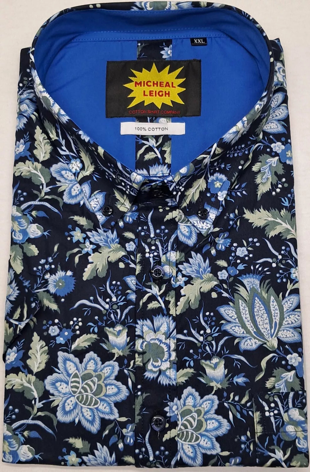 BIG SIZE MENS SHORT SLEEVE FLORAL SHIRTS 100% COTTON SIZES FROM 2XL TO 6XL NAVY/LT BLUE FLORAL PATTERN