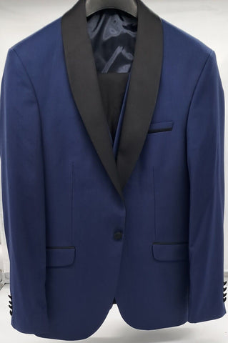 MENS ALL OCCASIONS SUIT 3 PC BLUE AND BLACK SATIN SHAWL TUXEDO SIZE 38-50