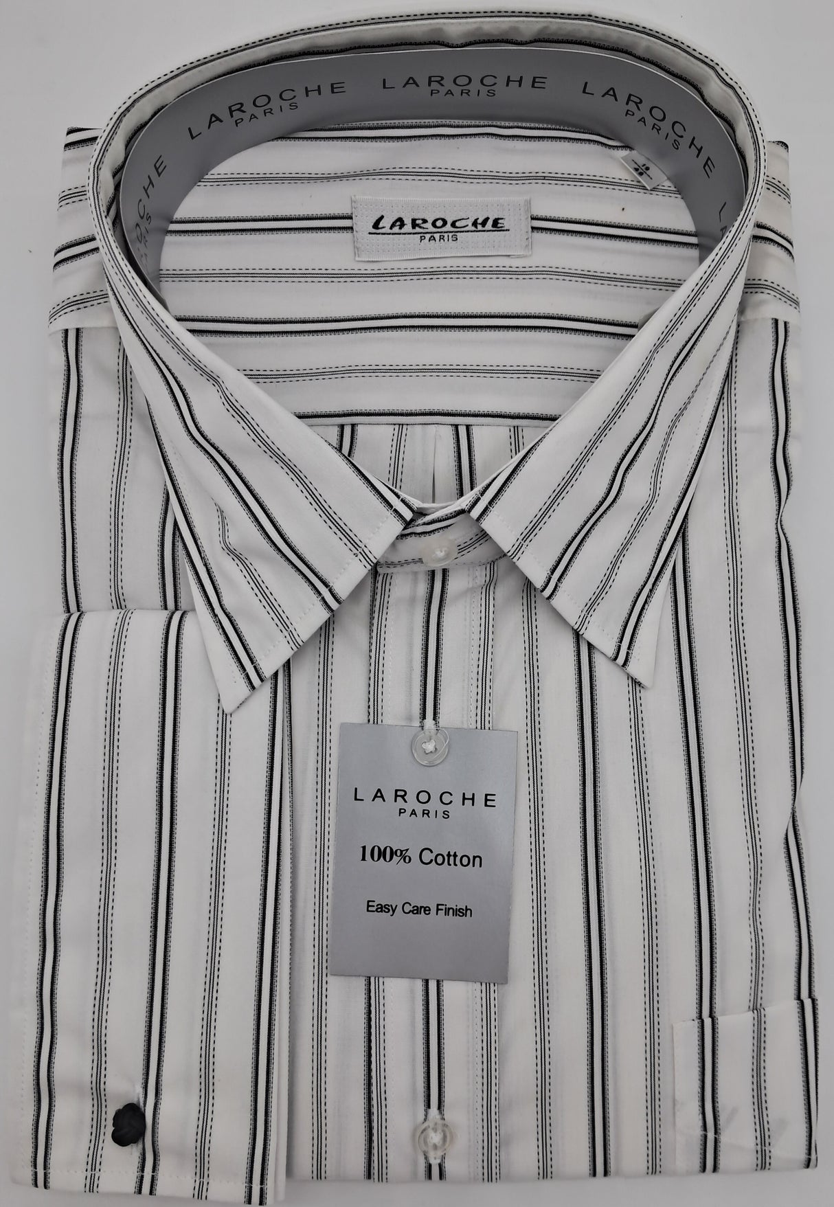 MENS LAROCHE LONG SLEEVE DOUBLE CUFF SHIRT 100% COTTON WHITE AND BLACK STRIPE SIZE 19" TO 23" NECK