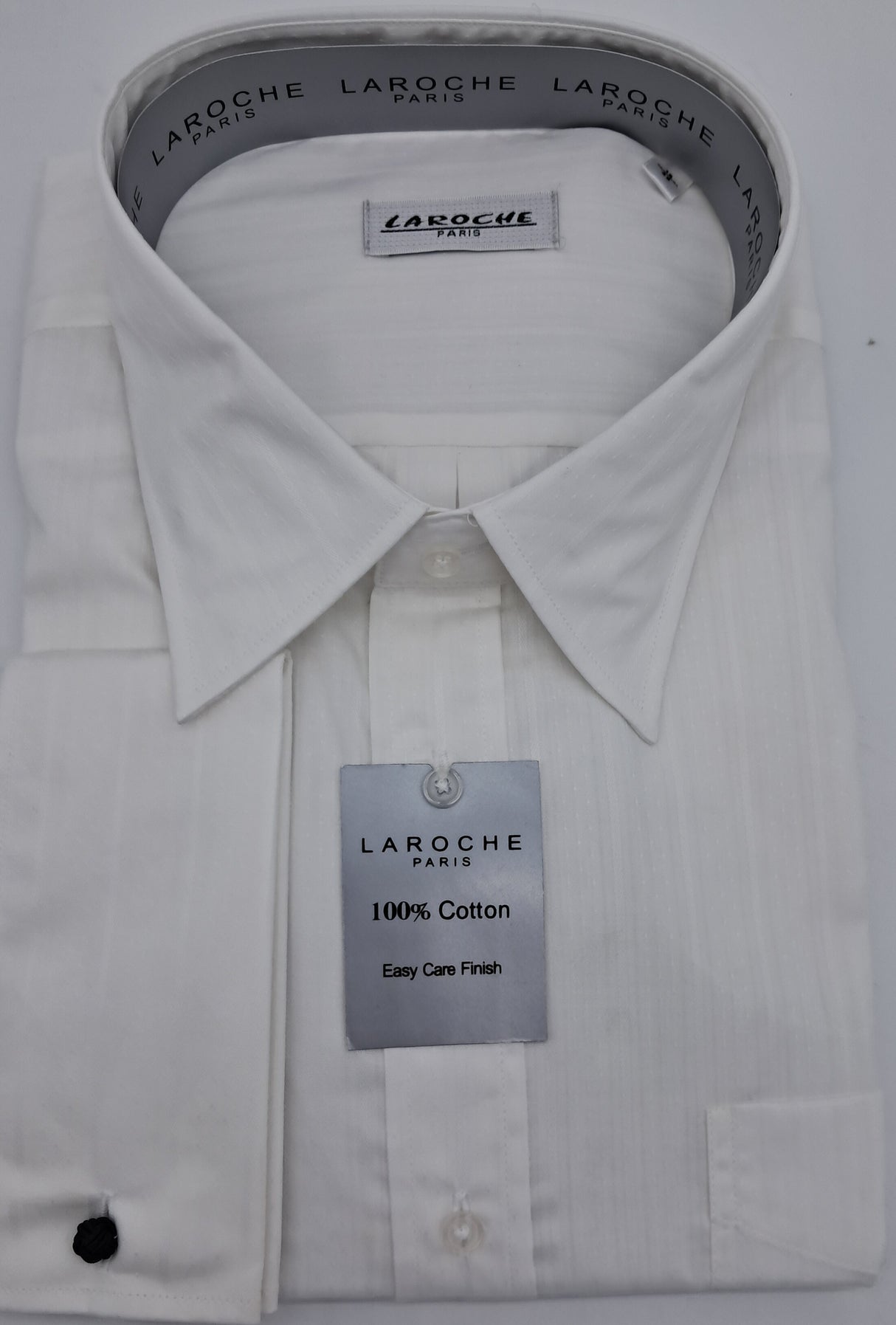 MENS LAROCHE LONG SLEEVE DOUBLE CUFF SHIRT 100% COTTON WHITE SELF STRIPE SIZE 19" TO 23" NECK