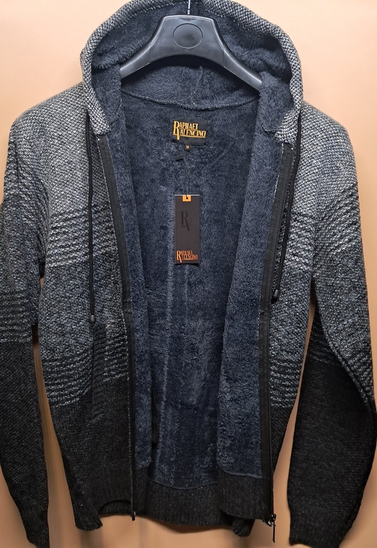 MENS RAPHAEL VALENCIO FULL ZIP HOODED KNITWEAR FUR LINED LUKE BLACK MELANGE SIZE M-2XL