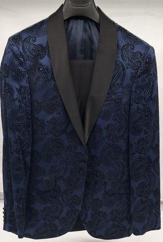 MENS ALL OCCASION TUXEDO 3 PC SUIT NAVY PAISLEY SIZE 36-50