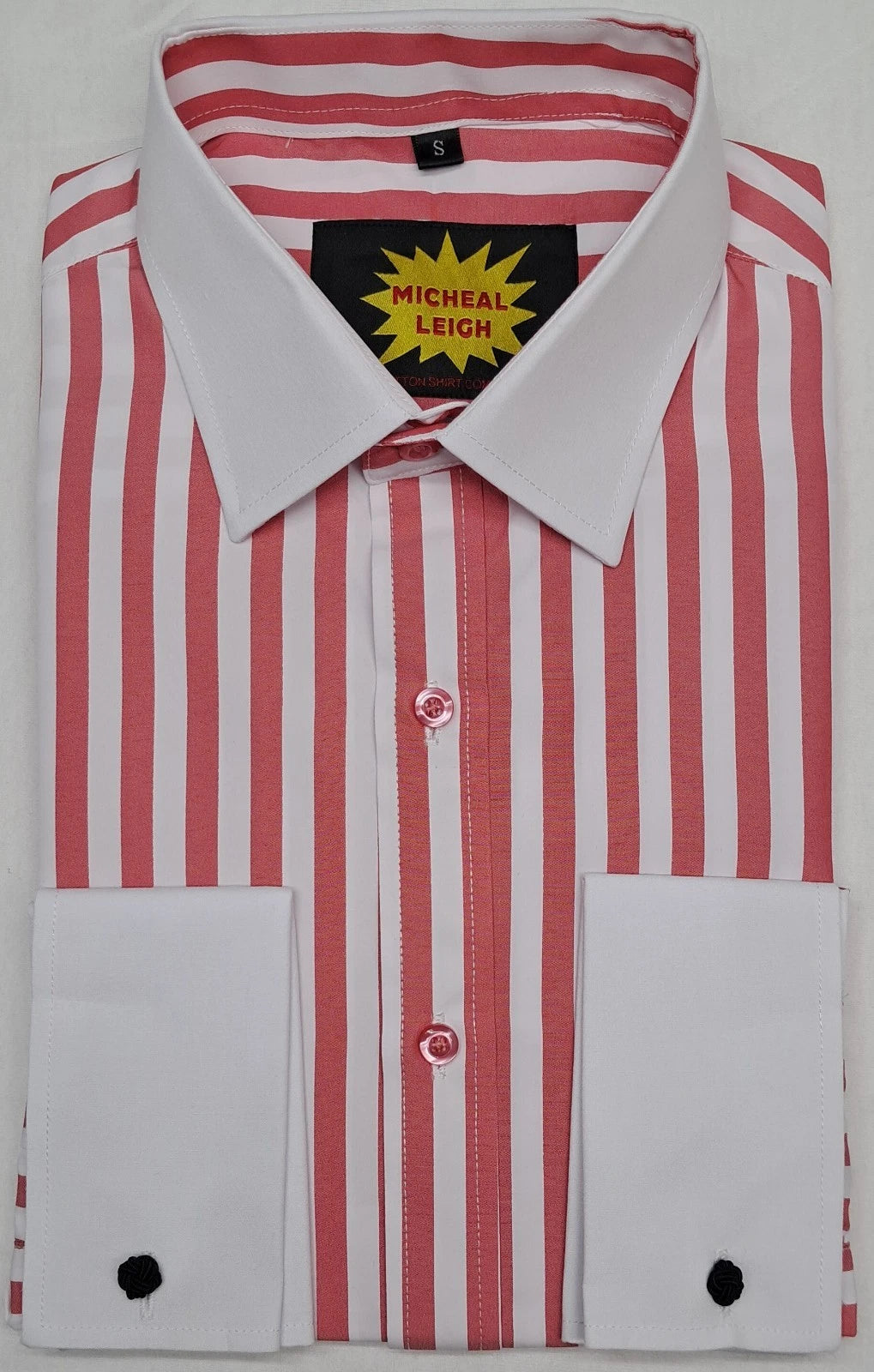 MENS RED AND WHITE STRIPE & WHITE CUFF AND COLLAR SHIRT LONG SLEEVE DOUBLE CUFF