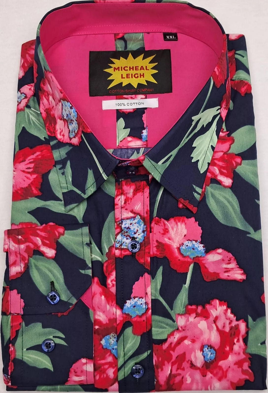 BIG SIZE MENS LONG SLEEVE FLORAL SHIRT 100% COTTON SIZES FROM 2XL TO 6XL NAVY/GREEN/PINK/RED FLORAL PATTERN