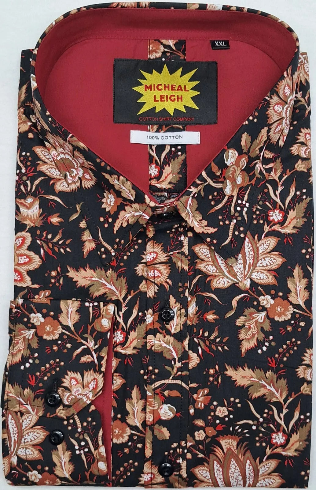 BIG SIZE MENS LONG SLEEVE FLORAL SHIRT 100% COTTON SIZES FROM 2XL TO 6XL DK BROWN/LT BROWN FLORAL PATTERN