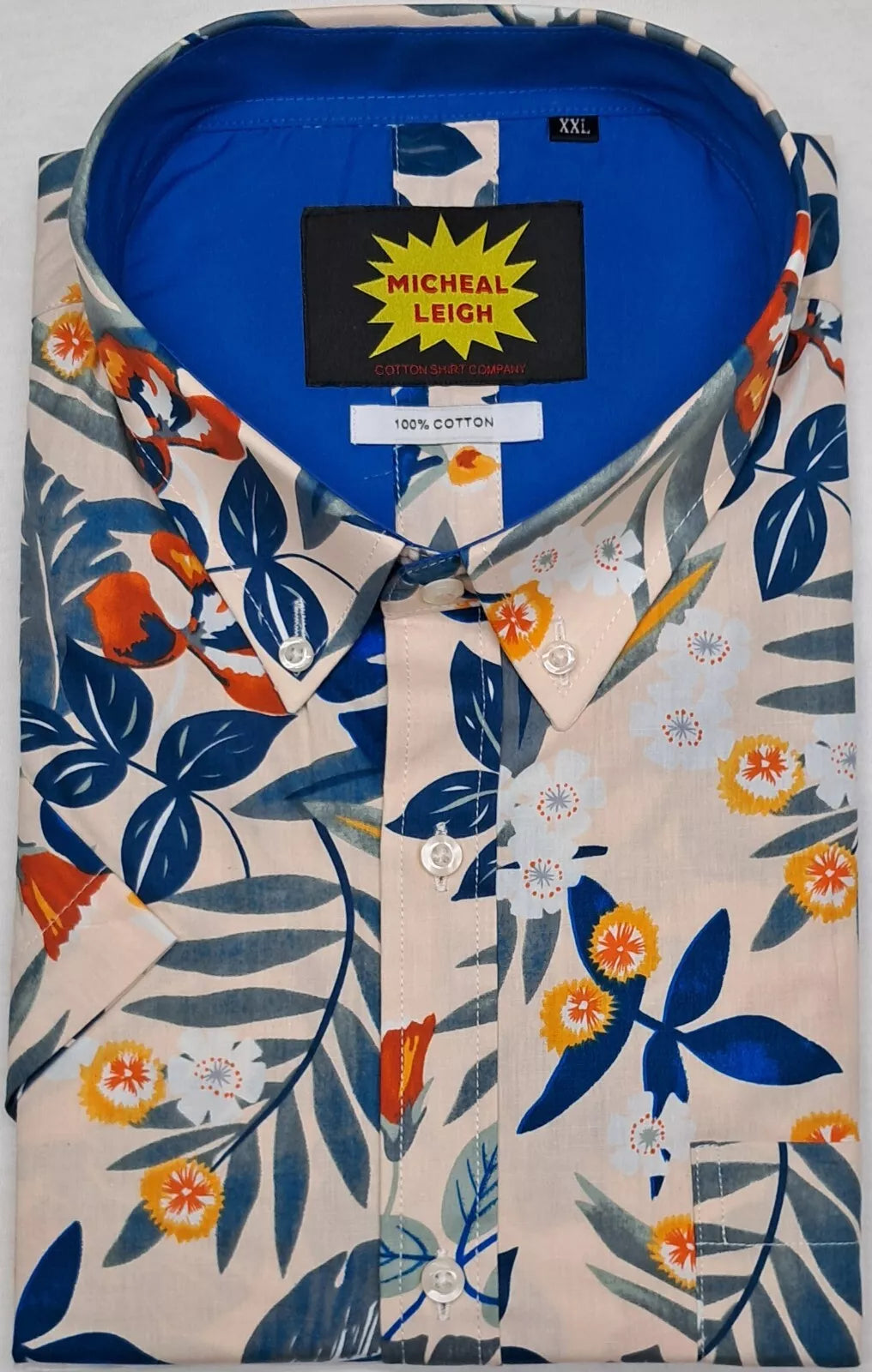 BIG SIZE MENS SHORT SLEEVE FLORAL SHIRT 100% COTTON SIZES FROM 2XL TO 6XL NATURAL/BLUE/ORANGE PATTERN