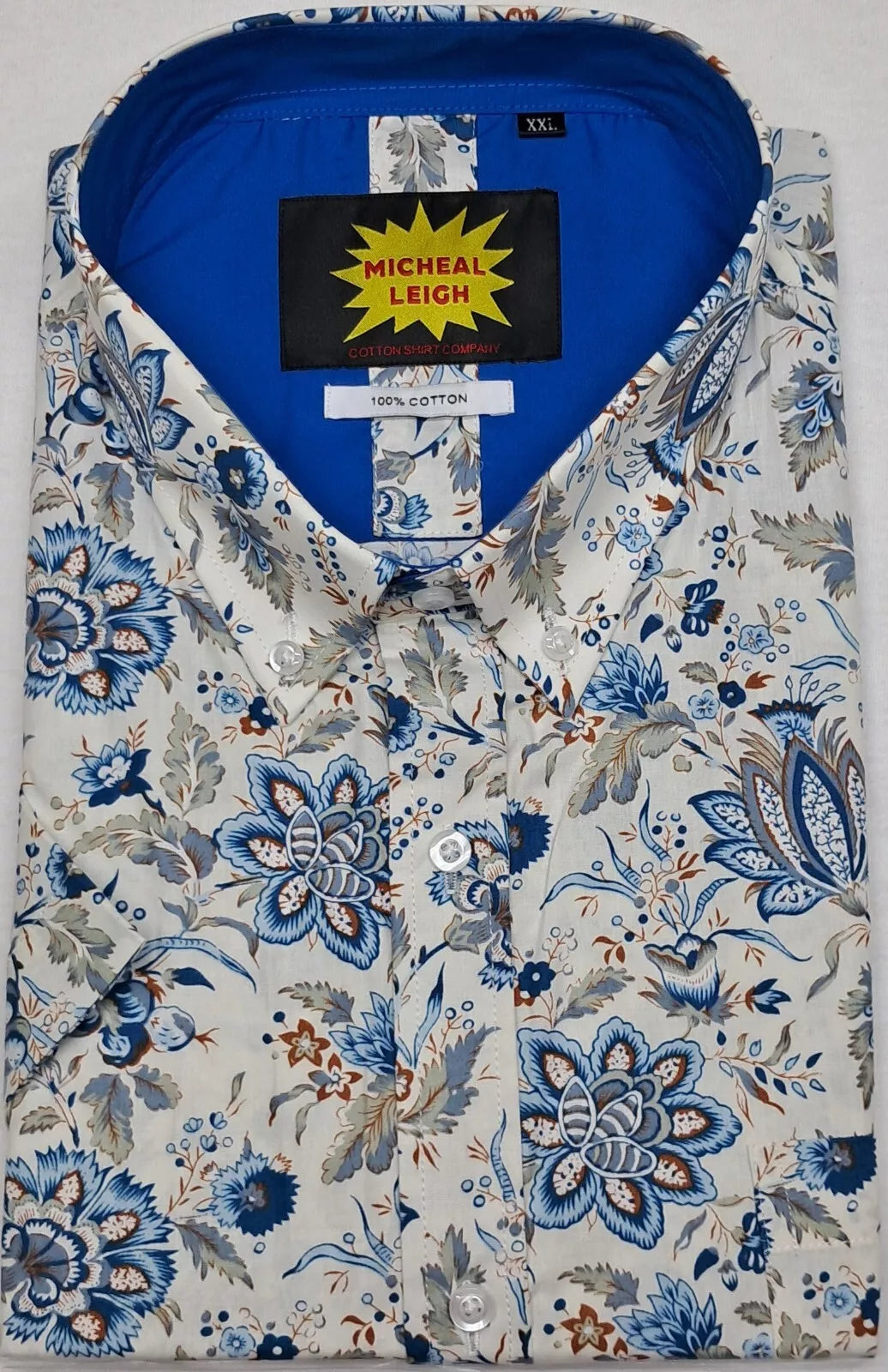 BIG SIZE MENS SHORT SLEEVE SHIRT FLORAL 100% COTTON SIZES 2XL-6XL NATURAL/SKY BLUE PATTERN