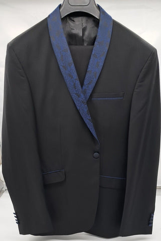 MENS ALL OCCASIONS TUXEDO 2 PC SUIT BLACK AND BLUE SHAWL SIZE 38-50