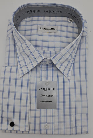 MENS LAROCHE LONG SLEEVE DOUBLE CUFF SHIRT 100% COTTON WHITE AND BLUE CK SIZE 19" TO 23" NECK