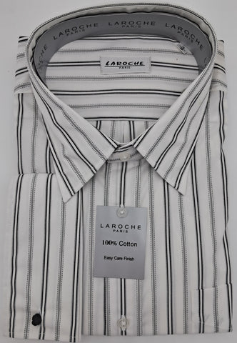 MENS  LAROCHE LONG SLEEVE DOUBLE CUFF SHIRT 100% COTTON WHITE AND BLACK STRIPE SIZE 19" TO 23" NECK