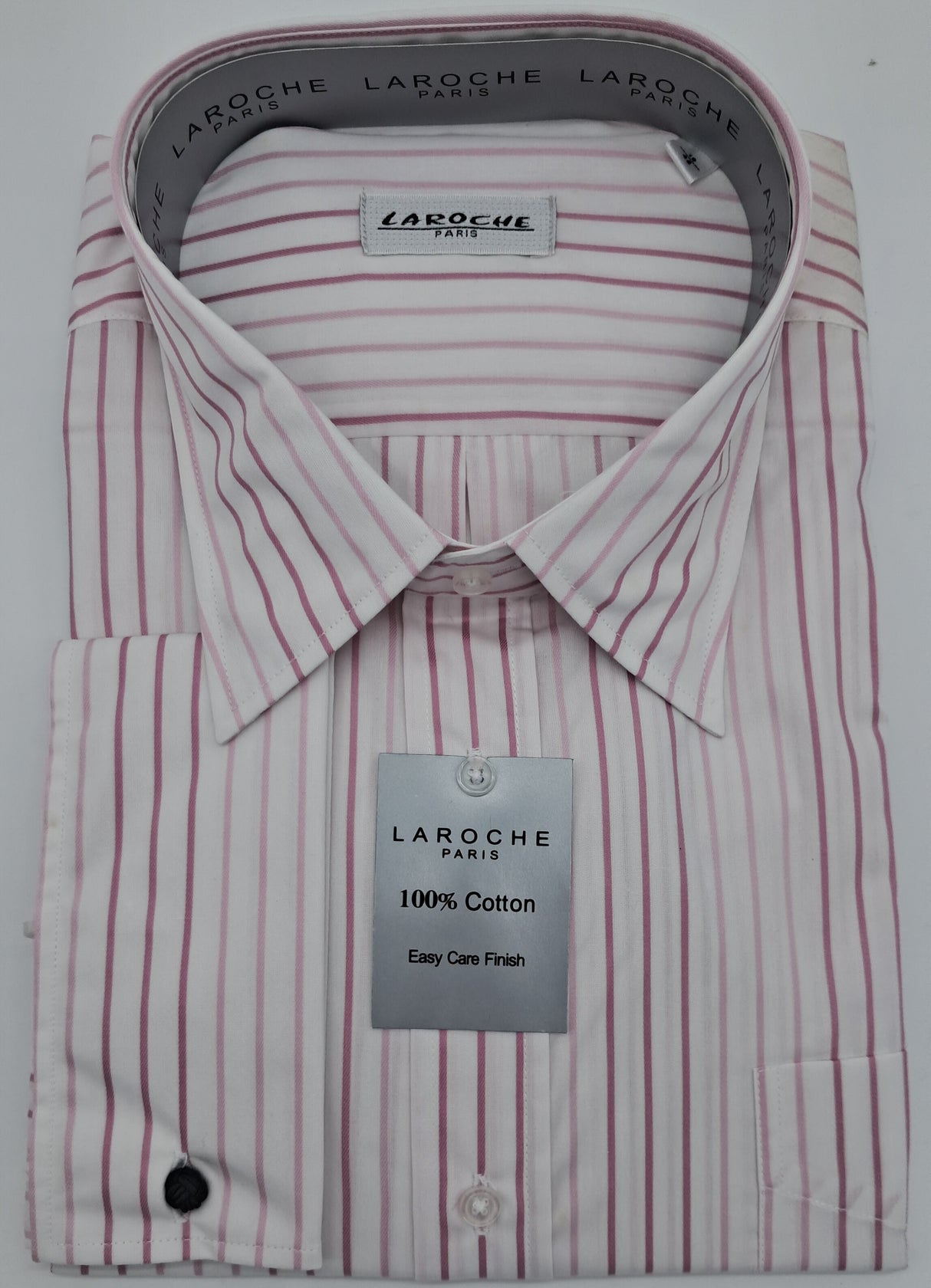 MENS  LAROCHE LONG SLEEVE DOUBLE CUFF SHIRT 100% COTTON  WHITE STRIPE SIZE 19" TO 23" NECK