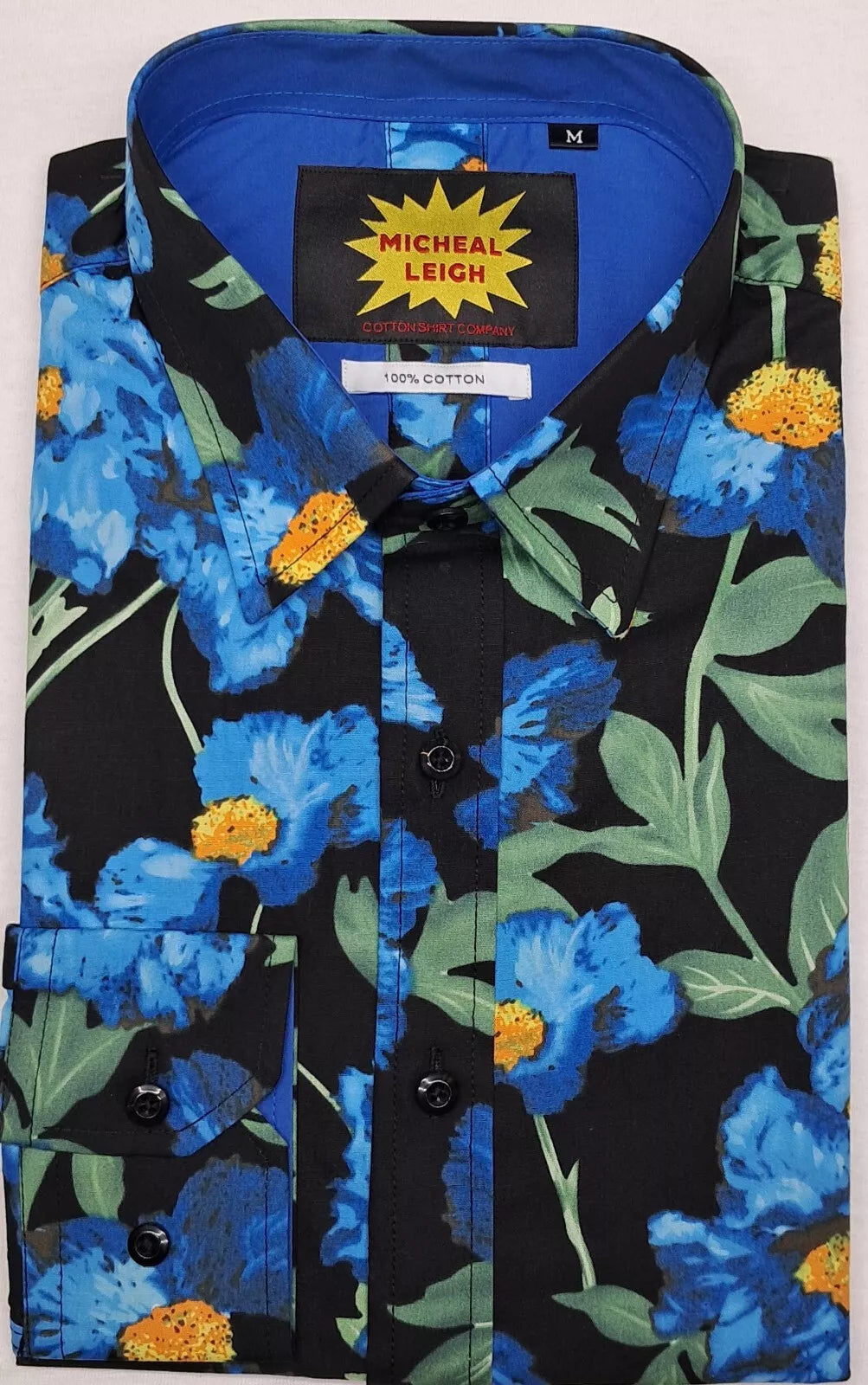 MENS LONG SLEEVE SHIRT FLORAL PATTERN 100% COTTON SINGLE CUFF SIZES FROM S TO 3XL BLACK/BLUE/GREEN FLORAL PATTERN