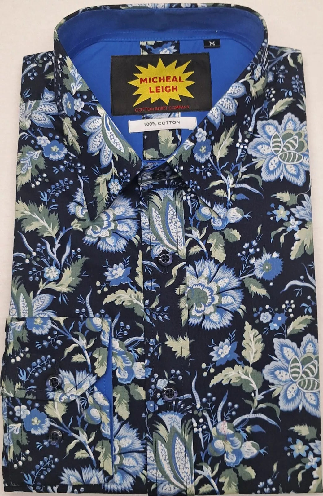 MENS LONG SLEEVE FLORAL SHIRT 100% COTTON SINGLE CUFF SIZES FROM S TO 3XL NAVY/LT BLUE FLORAL PATTERN