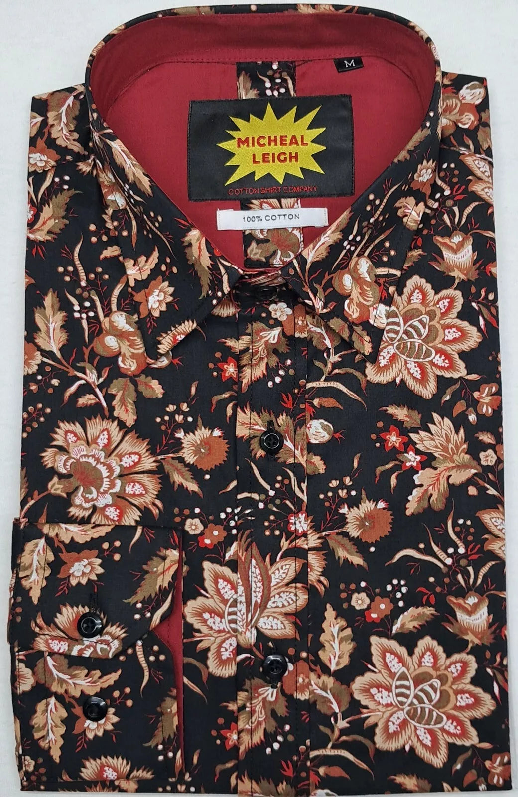 MENS LONG SLEEVE SHIRT FLORAL PATTERN 100% COTTON SINGLE CUFF SIZES FROM S TO 3XL DK BROWN/LT BROWN FLORAL PATTERN