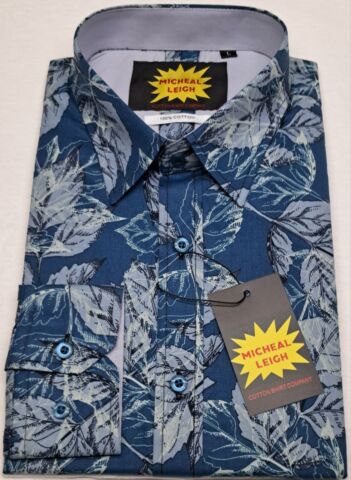 MENS LONG SLEEVE SHIRTS 100% COTTON  PETROL BLUE LT DENIM LEAF PATTERN SIZES  S TO 3XL