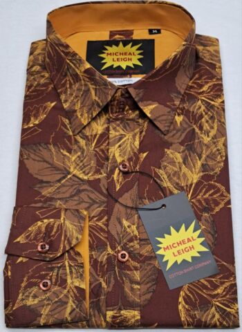 MENS LONG SLEEVE SHIRTS 100% COTTON RUSTY YELLOW LEAF PATTERN  SIZES FROM S TO 3XL