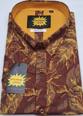 BIG SIZE MENS BUTTON DOWN SHORT SLEEVE SHIRT RUSTY YELLOW LEAF PATTERN SIZES FROM 2XL TO 6XL