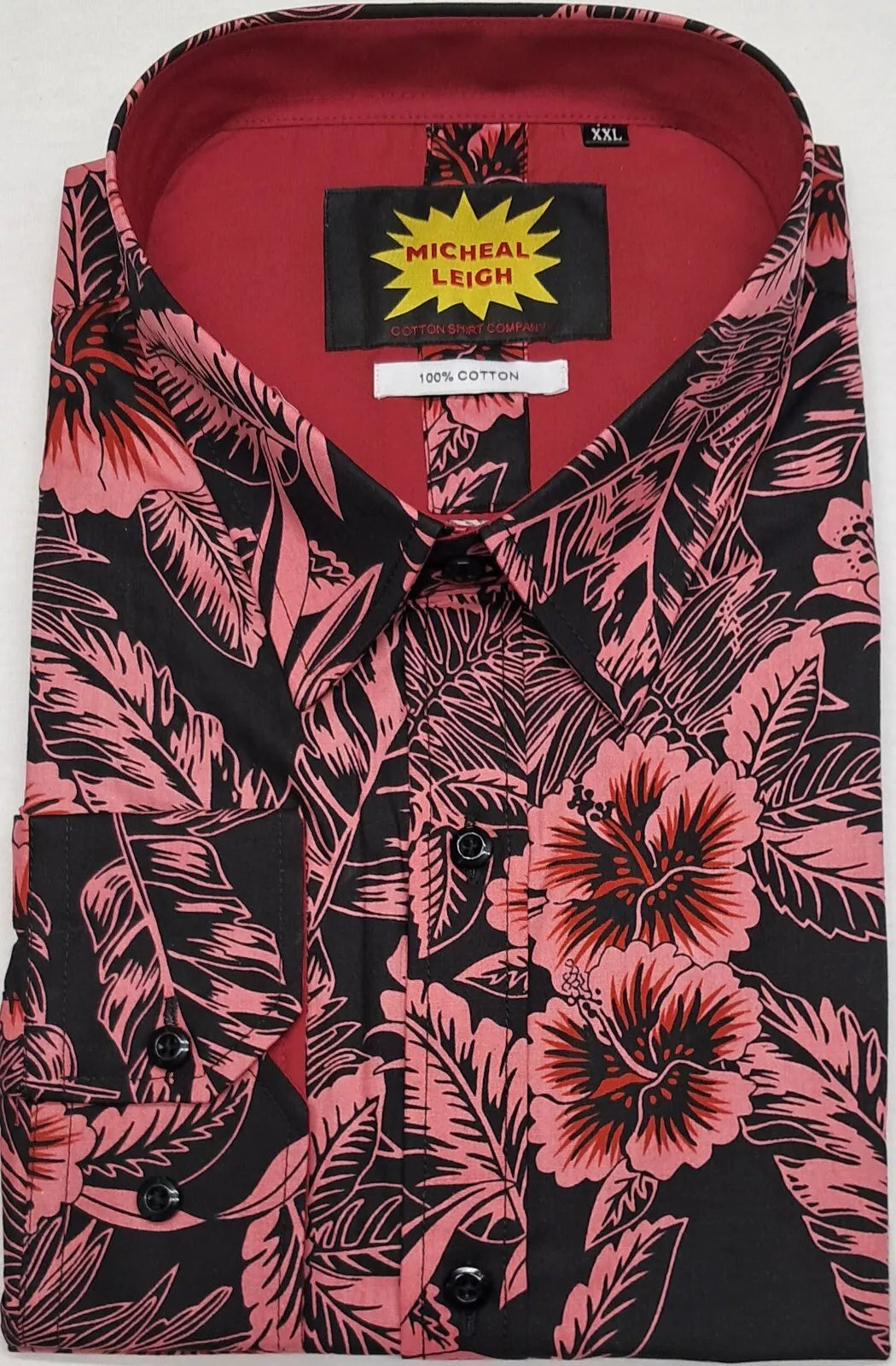 BIG SIZES MENS LONG SLEEVE FLORAL SHIRT 100% COTTON SIZES FROM 2XL TO 6XL BLACK/HELICONIA PINK FLORAL PATTERN