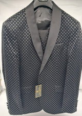 MENS ALL OCASIONS 3 PC SUIT BLACK SYMETHRICAL VELVET PATTERN TUXEDO SIZE 36-48